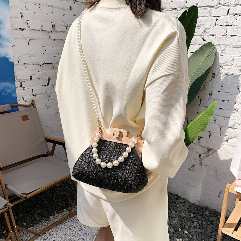 Straw Bag Women Hand-Woven Handbags And Purses 2022 Summer Wooden Rattan Casual Beads Beach Small Shoulder Crossbody Bag