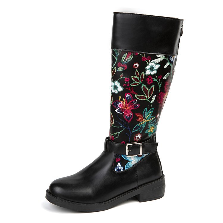 Flower Print Western Boots Fashion Mid Knee High Boots Winter Shoes