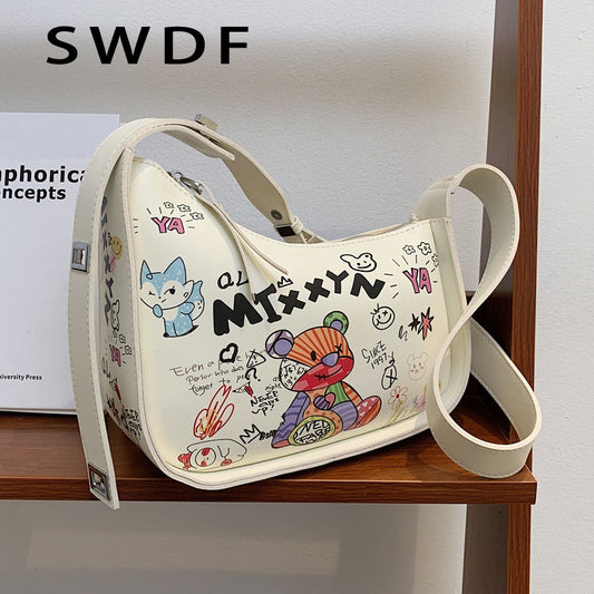 Cartoon Graffiti PU Leather Armpit Shoulder Bags For Women 2022 Fashion New Women's Designer Crossbody Bag Luxury Brand Handbag