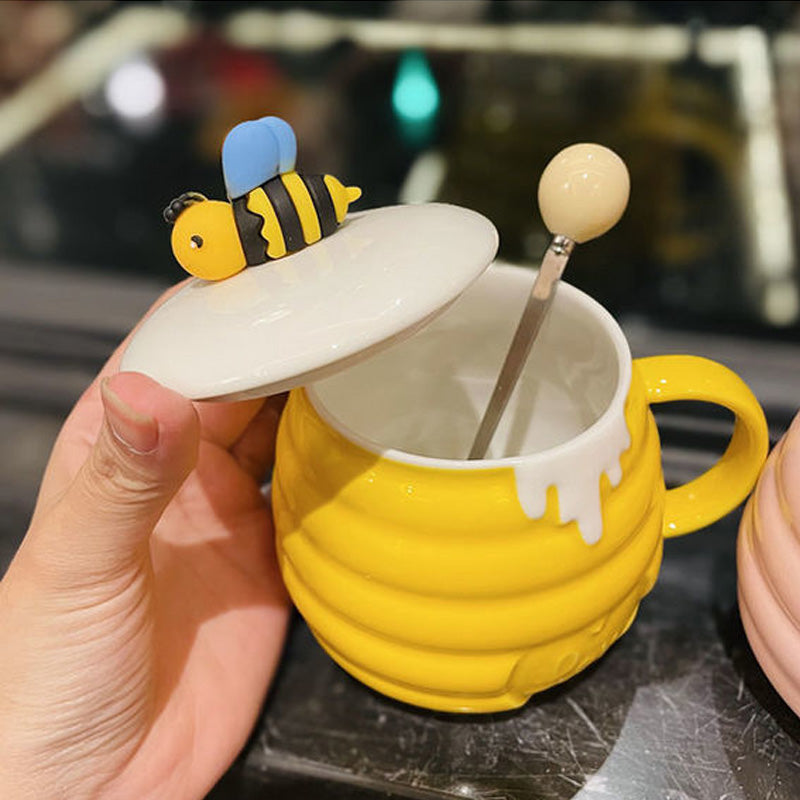 Cute Bee Ceramic Pot Belly Cup With Lid Spoon