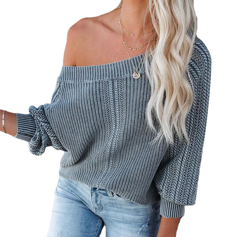 Solid Color Loose V-neck Lantern Sleeve Long Sleeve Sweater