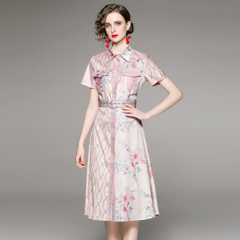 Positioning Printed French Vintage Dress Women With Belt