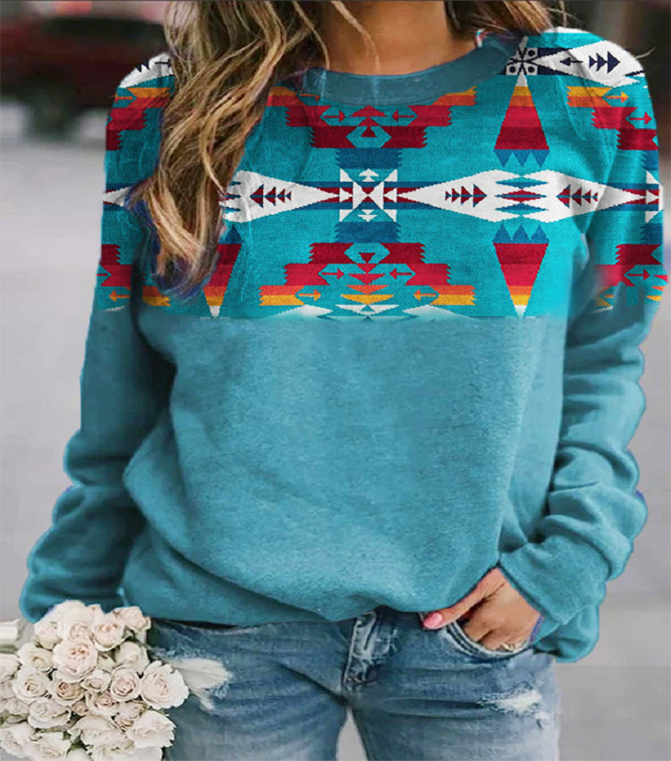 Retro Western Ethnic Geometric Print Ladies Sweatshirt