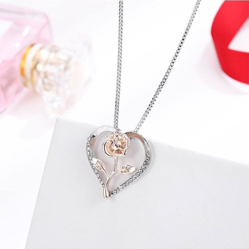 Zircon Heart Rose Silver Necklace For Women