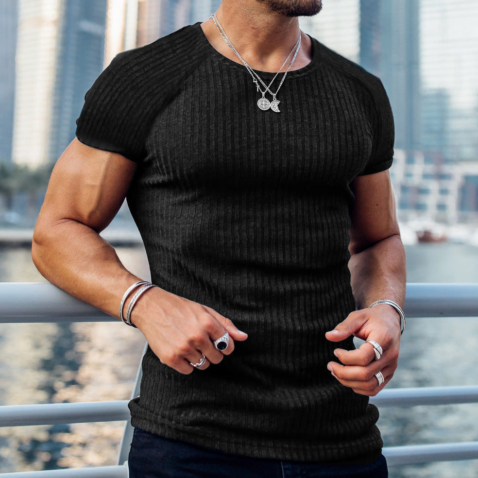 Elastic Vertical Round Neck Short Sleeve