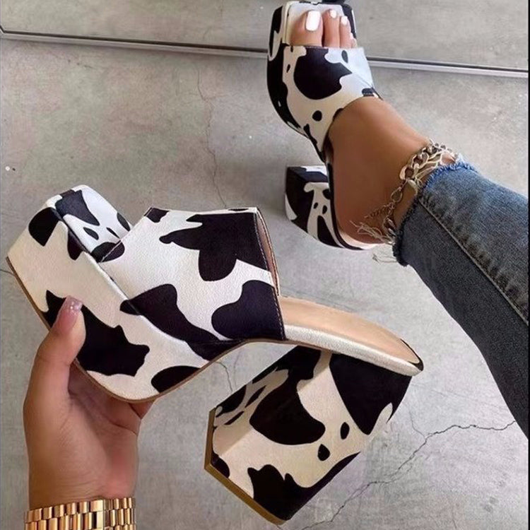 Summer Printing Shoes Square Tooe High Heel Sandals Woemen