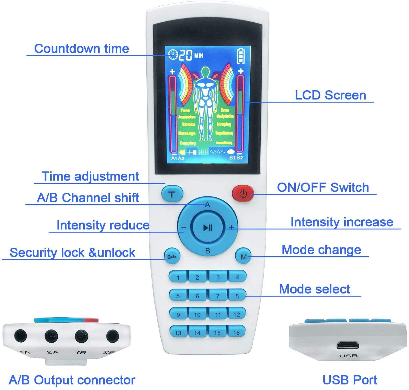 TENS 16 Modes Color Screen Digital Meridian Massager EMS Pulse Physiotherapy