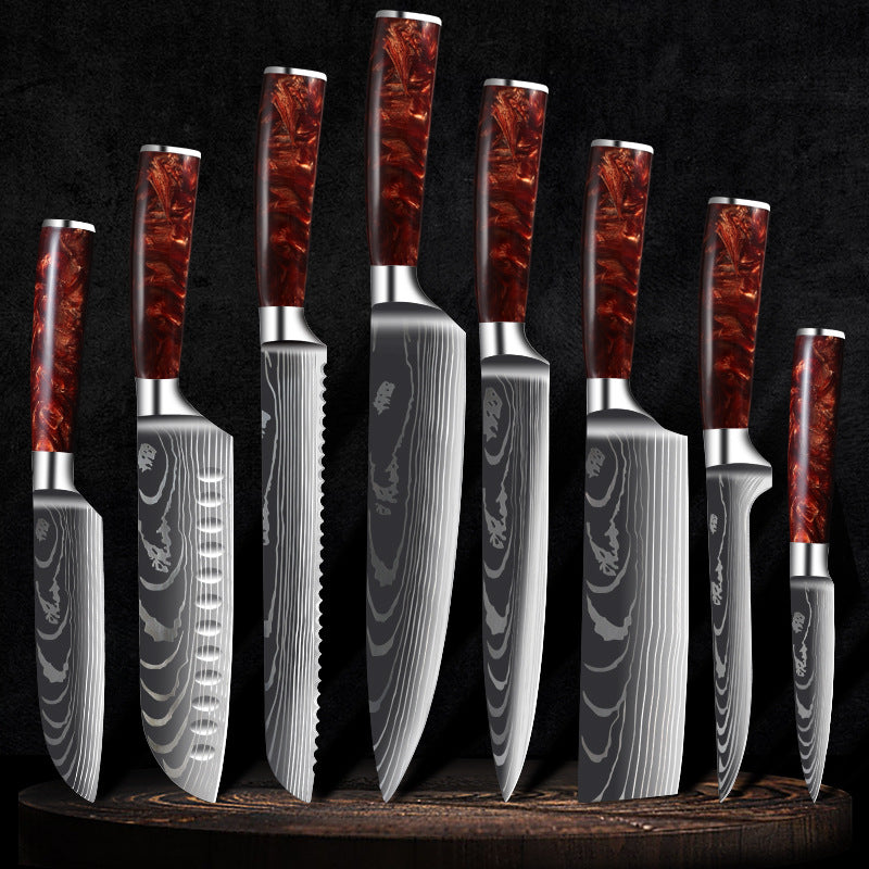 Red Resin Handle Damascus Laser Pattern Set Kitchen Knife