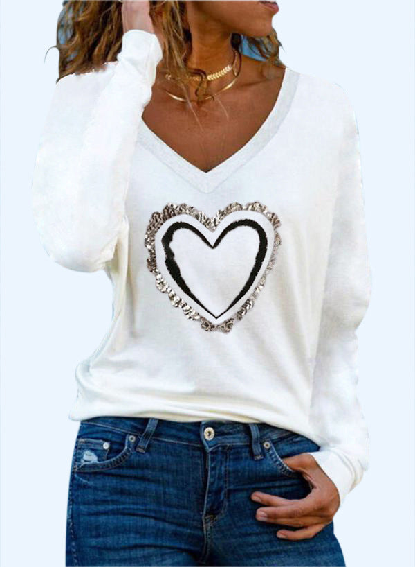 Heart Pattern Printing V-neck Long-sleeved All-match Female T-shirt Bottoming Shirt