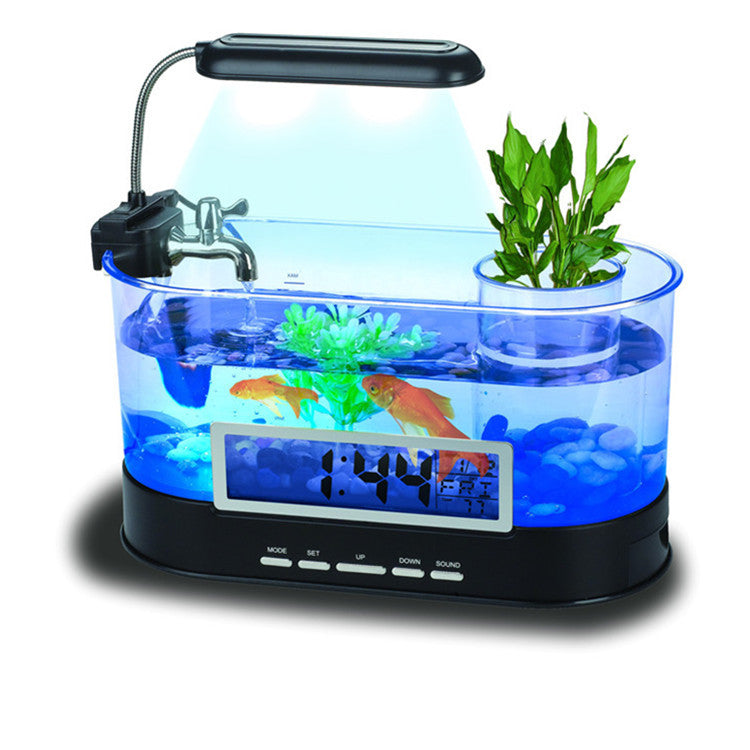 USB Desktop Streaming Mini Aquarium Time Date Week Temperature Alarm Transparent Pen Holder