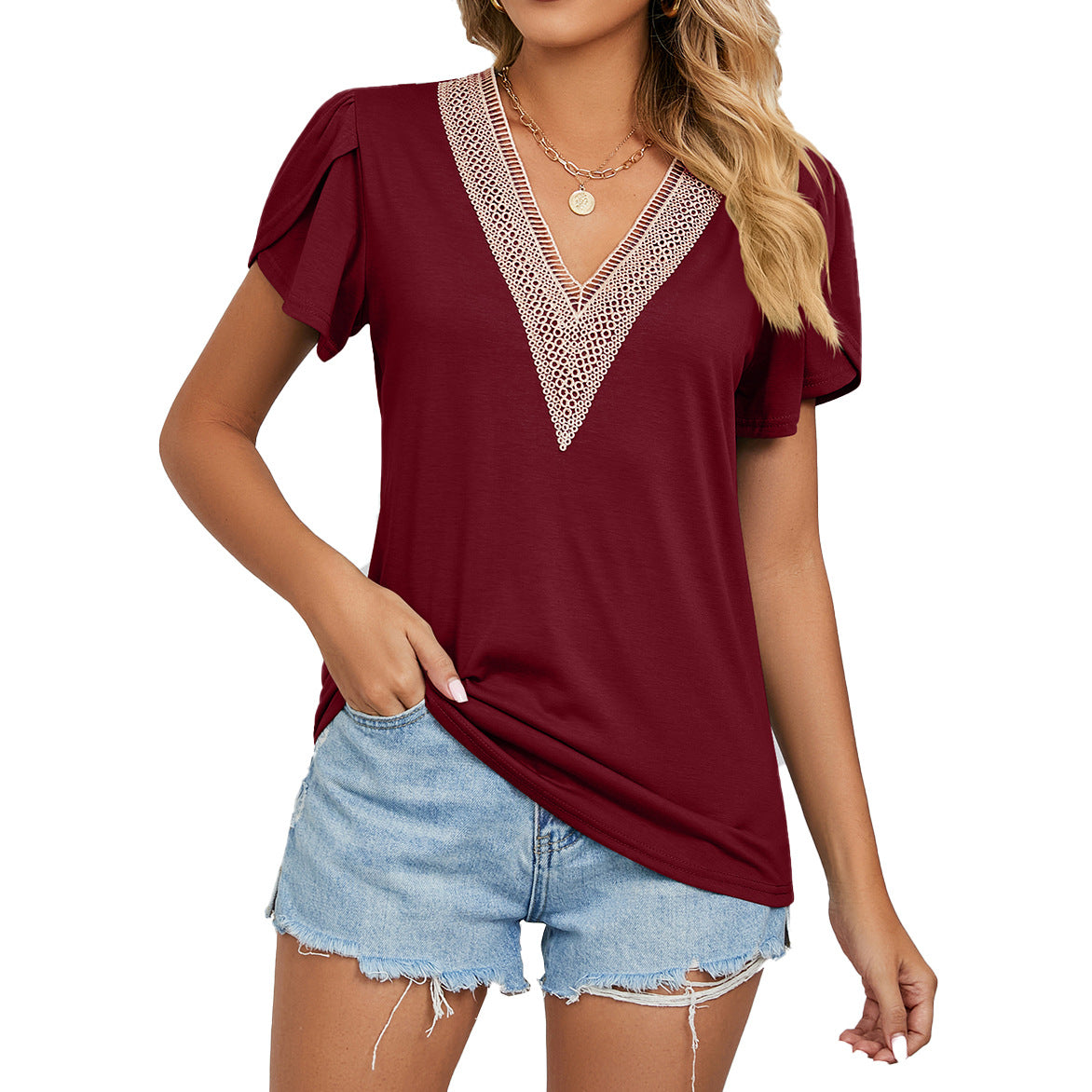 Women's Temperament Fashion Lace V-neck Short-sleeved Tops