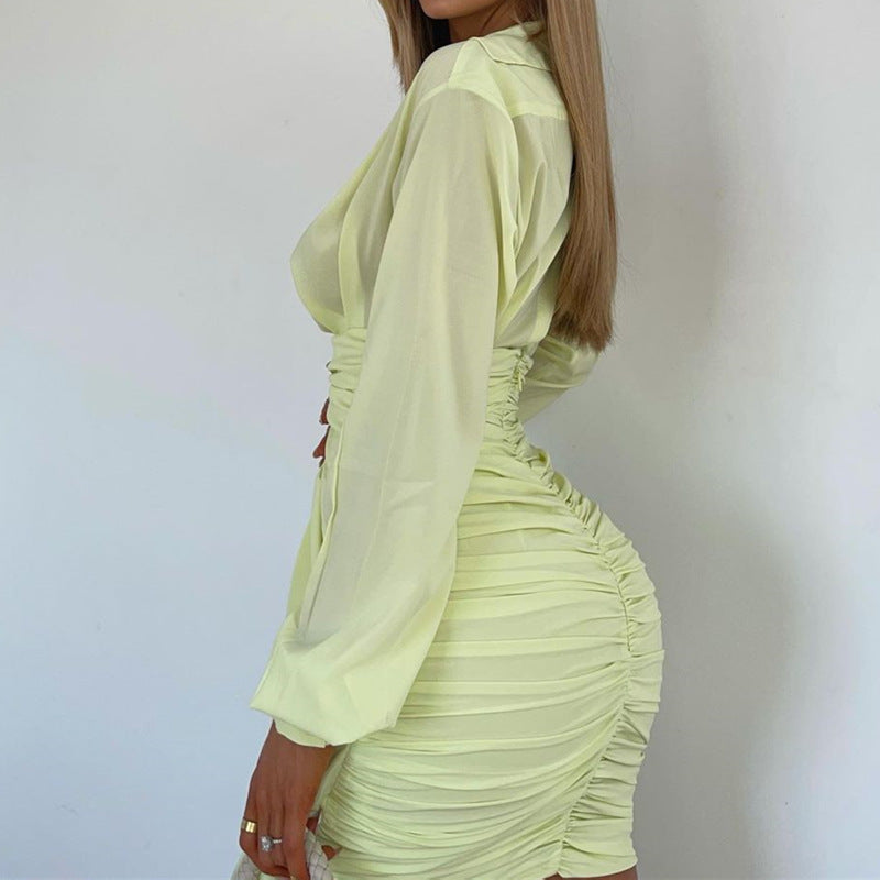 Solid Color Sexy Pleated Shirt Dress Women