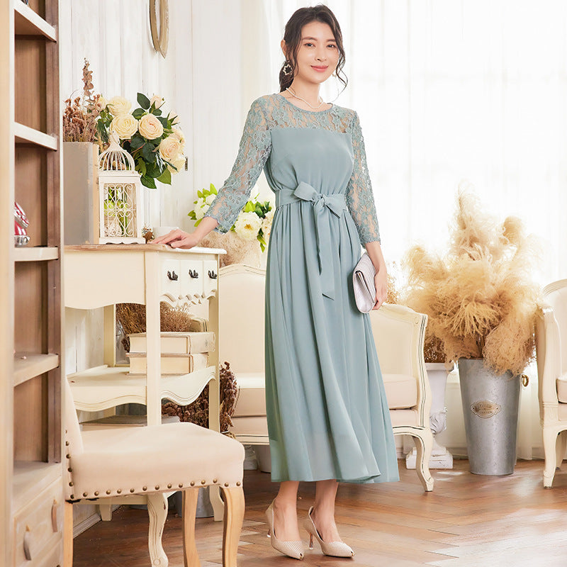 Lace Patchwork Mid-sleeve Crewneck Chiffon Long Dress