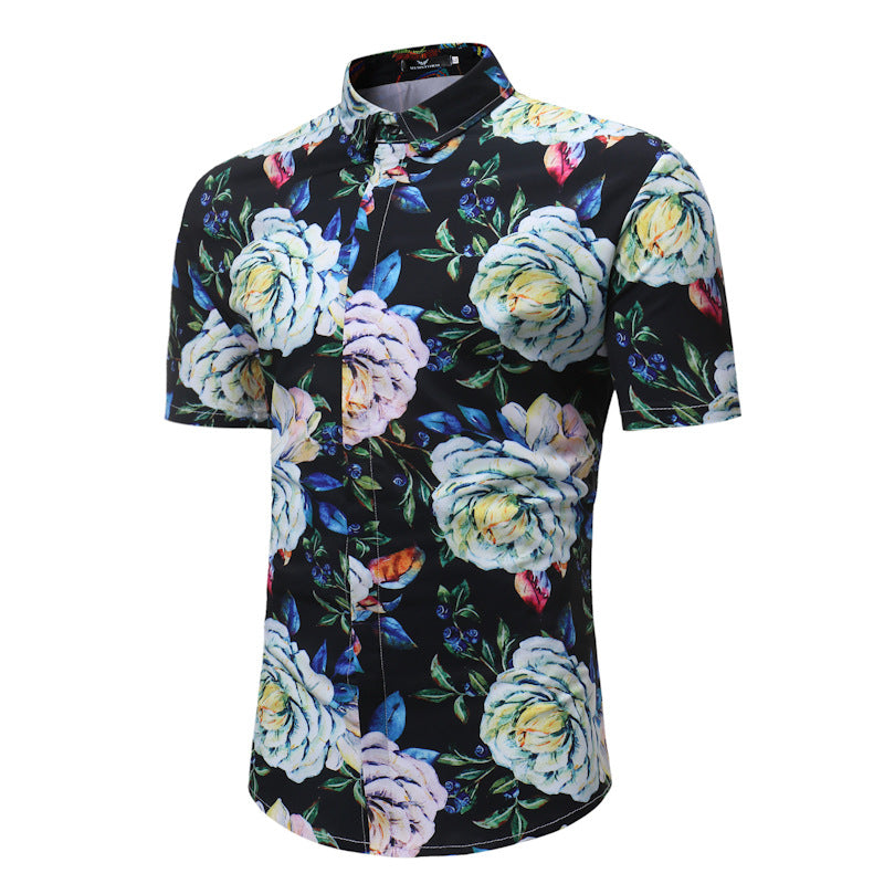 Summer New Men's Slim-fit Pointed Collar Youth Casual Short Sleeve Printed Shirt