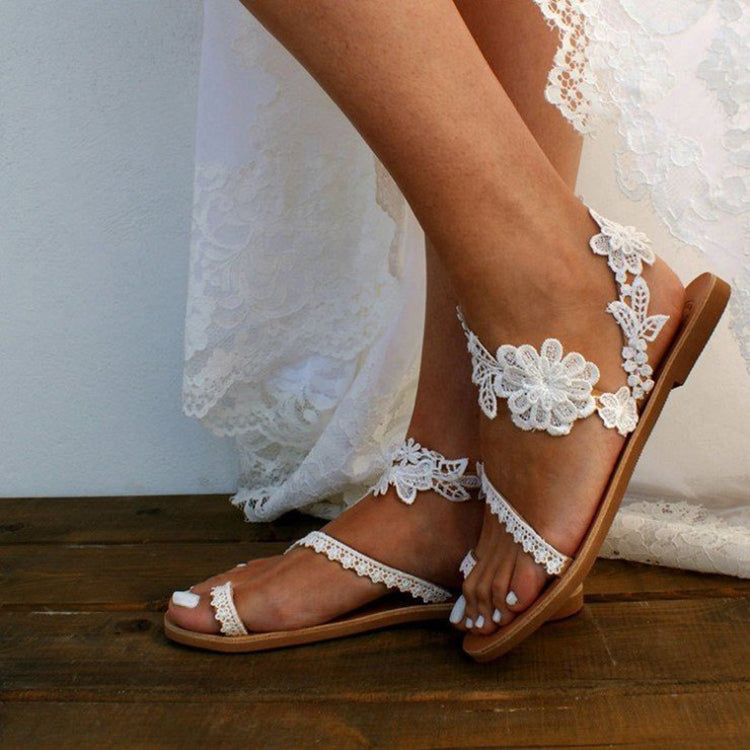 Lace Sandals Bohemia Beach Shoes Flowers Ankle Strap Flat Shoes