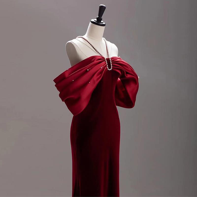 Premium Sense Wine Red Engagement Fishtail Temperament One Line Shoulder Evening Dress