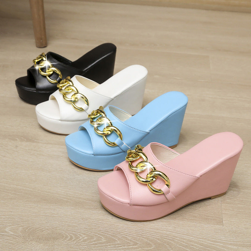 Gold Chain Shoes High Heel Wedges Slippers Women Slides Sandals