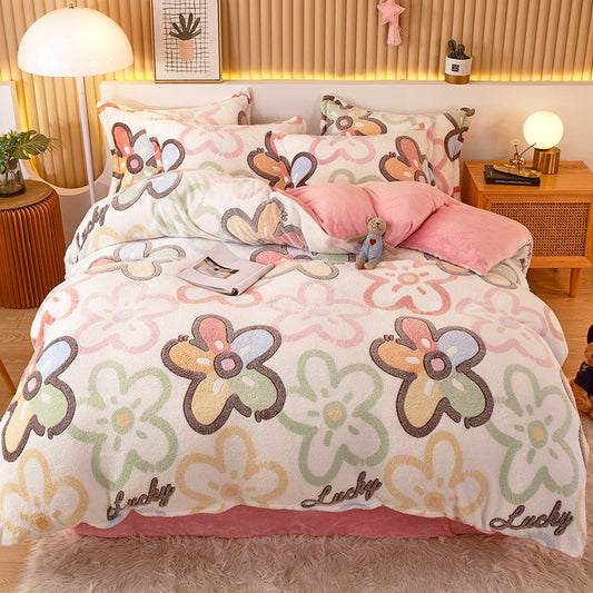 Coral Fleece Duvet Cover Sheet Flannel Pillowcase