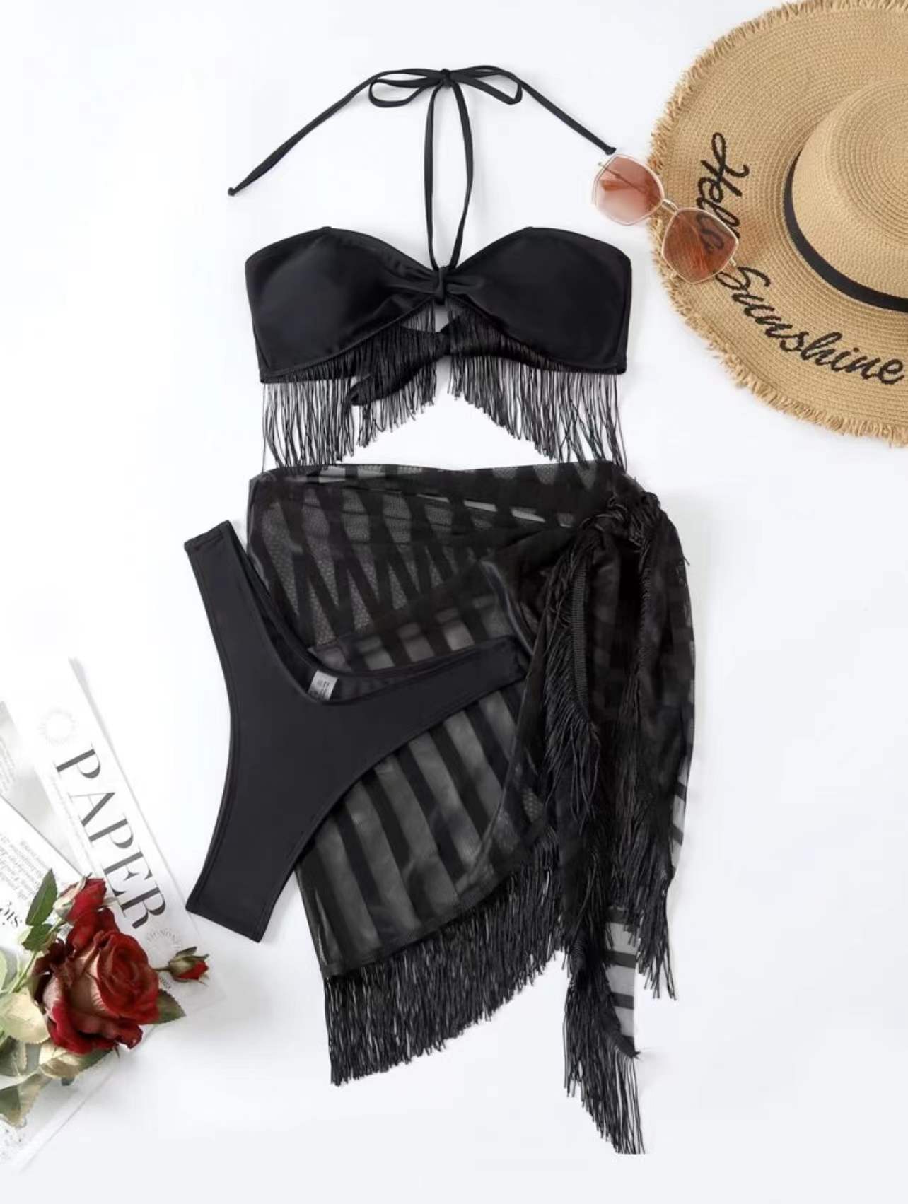 Tassel Tube Top Suspender Mesh Three-piece Set