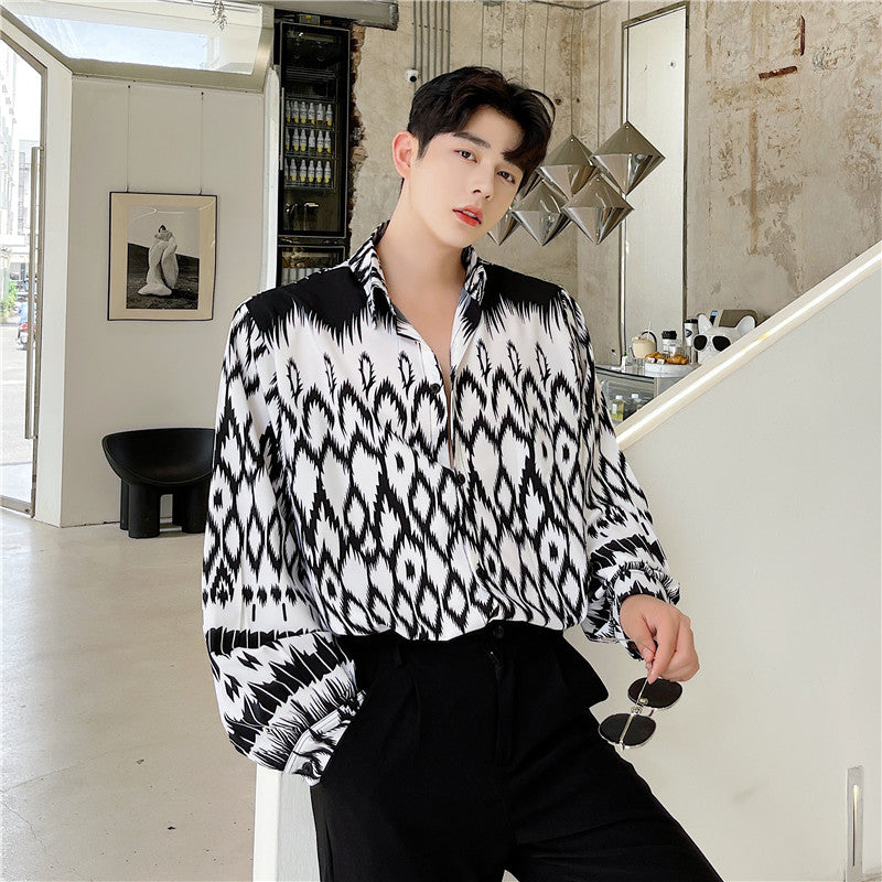 Black And White Contrast Geometric Pattern Casual Shirt