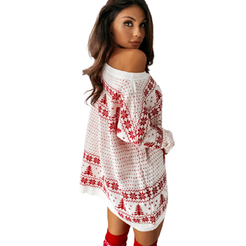 Christmas Jacquard Loose Knit Long Sleeve Dress