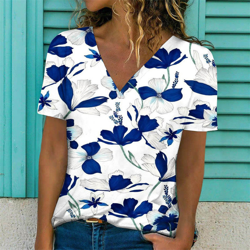 Flowers Print T-Shirt Casual Short Sleeve V-Neck Pullover Tops Women