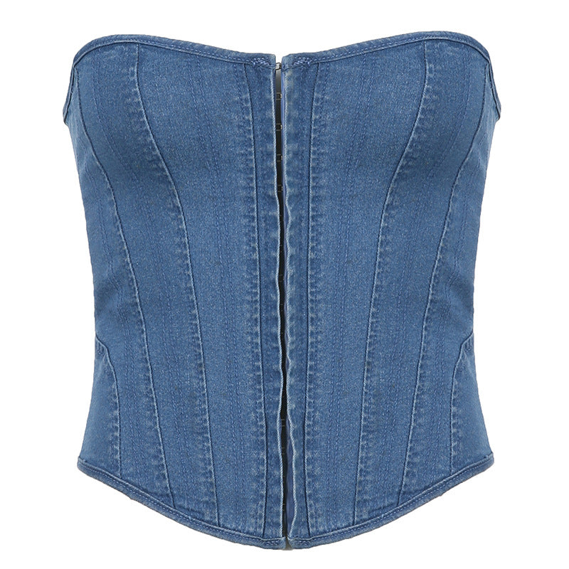 Wavy Neck Fish Bone Slim Strap Solid Color Denim Strapless Vest