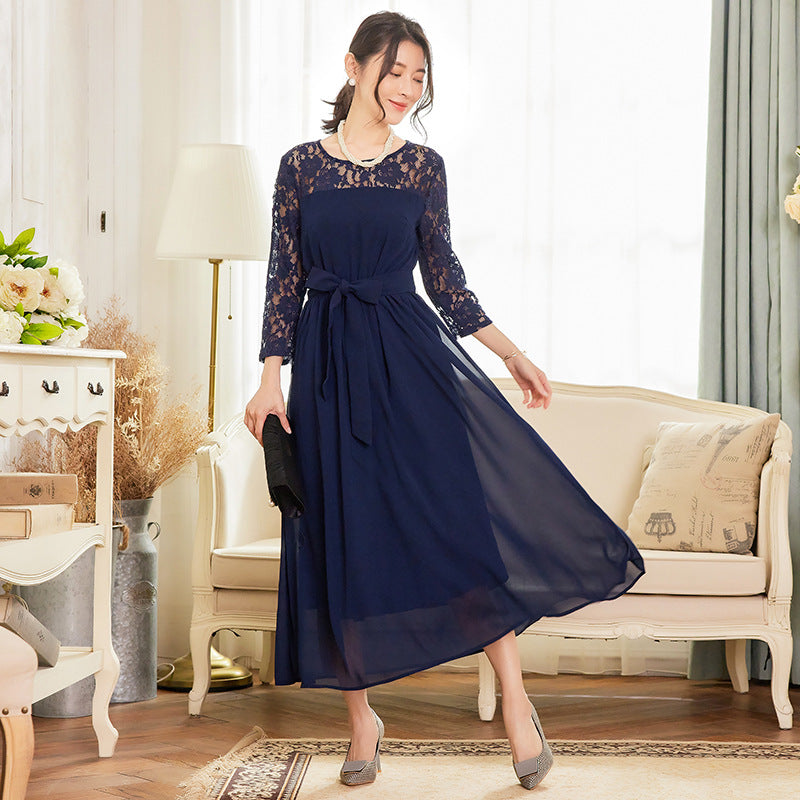 Lace Patchwork Mid-sleeve Crewneck Chiffon Long Dress