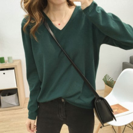 Loose Slimming V-neck Solid Color Long-sleeved Sweater