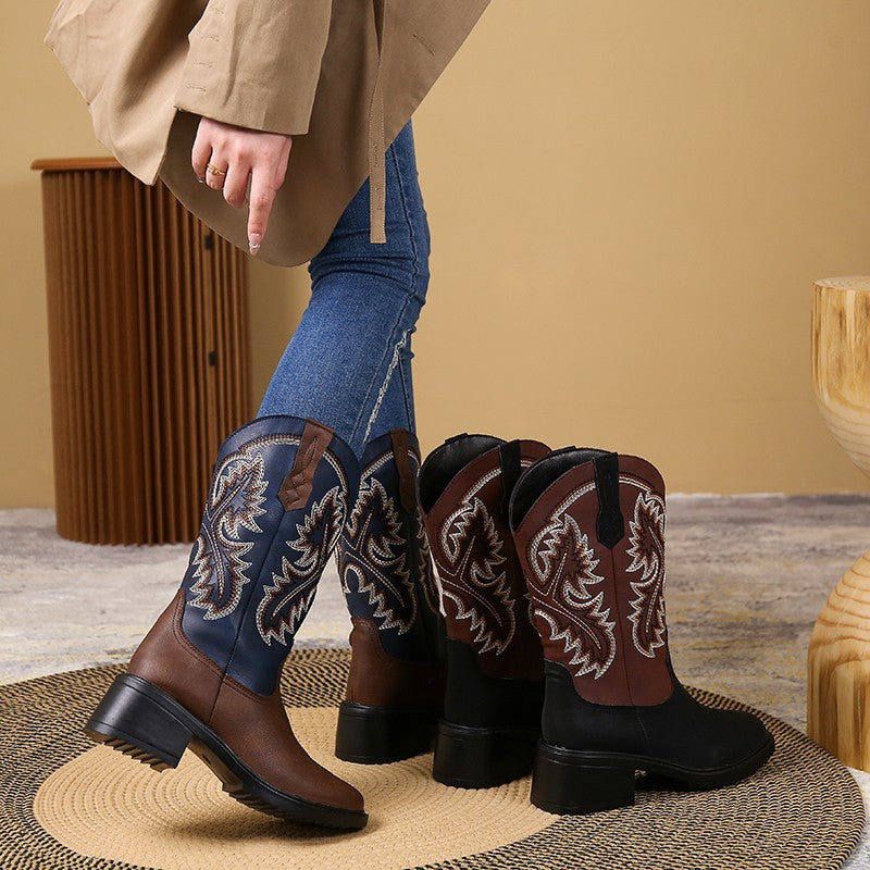 Embroidery Shoes Western Boots Chunky Mid Heel Cowboy Boots Women