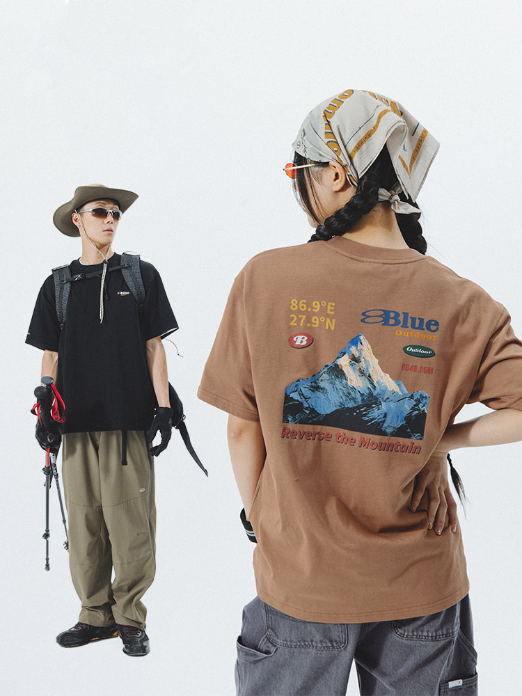 Snow Mountain Print Retro Couple T-Shirt Loose