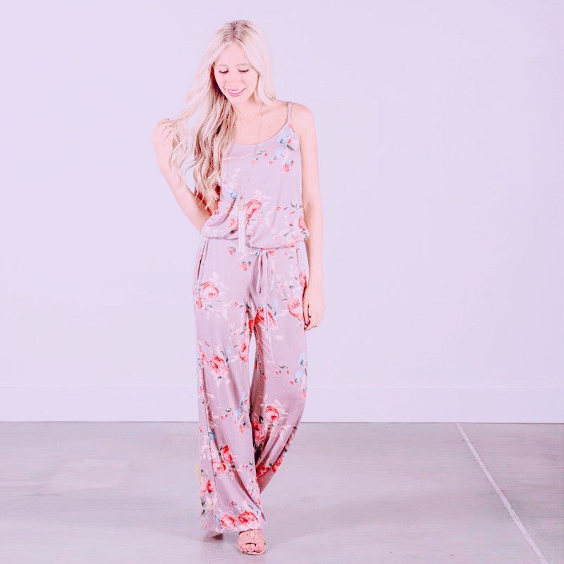 Fashion Trend Spaghetti-strap Floral Print Loose One-piece Trousers