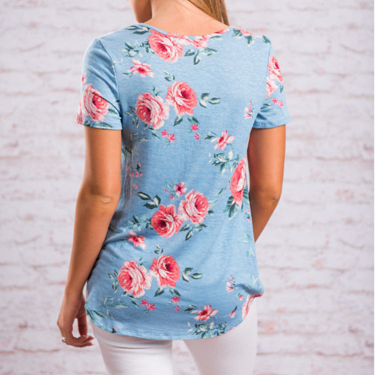 Flower Print Cross Front Short Back Long T-shirt