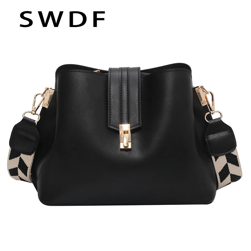 SWDF Vintage Simple Small PU Leather Bucket Crossbody Bags For Women 2022 Designer Fashion Lady Luxury Black Shoulder Handbags