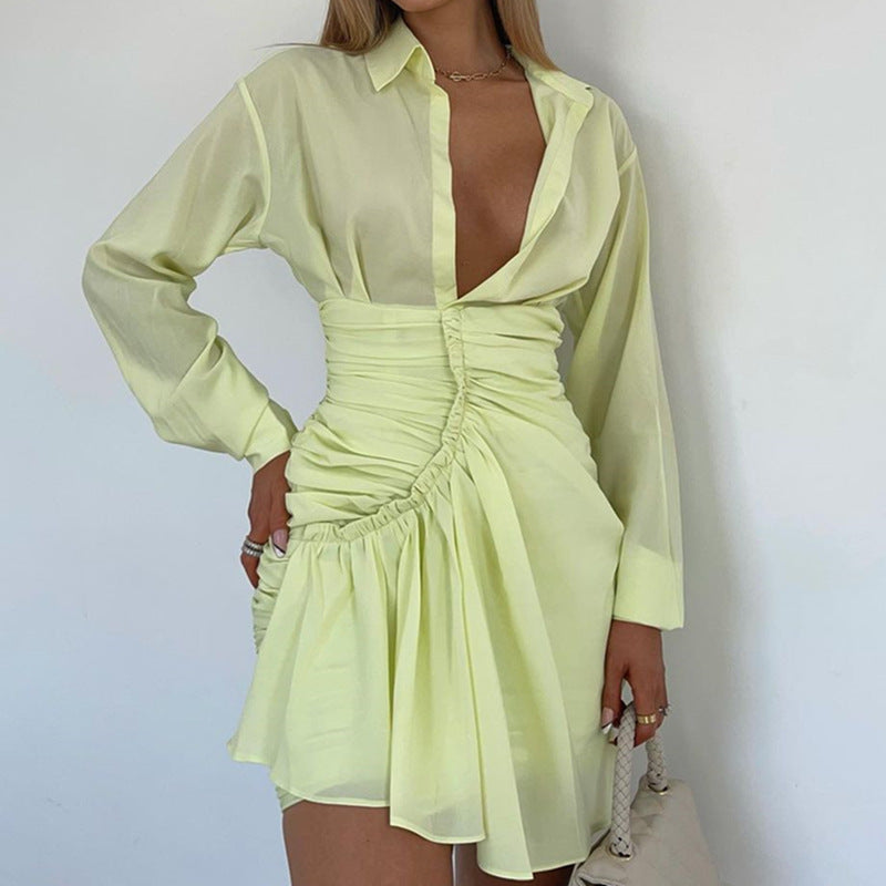 Solid Color Sexy Pleated Shirt Dress Women