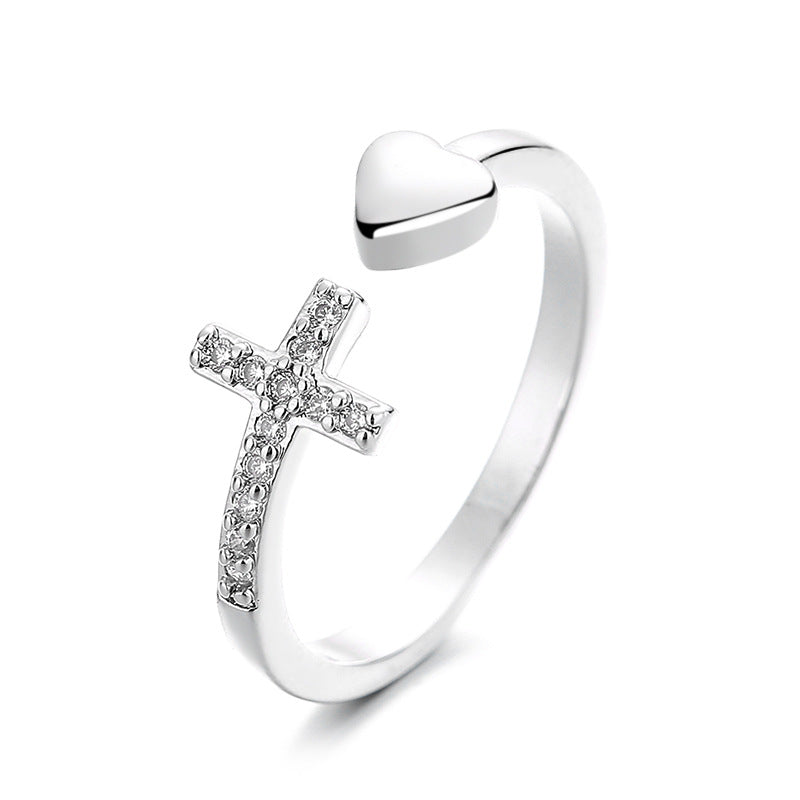 Cross Heart Ring With Rhinestones Open Adjustable Ring Ins Fashion Jewelry Accessories