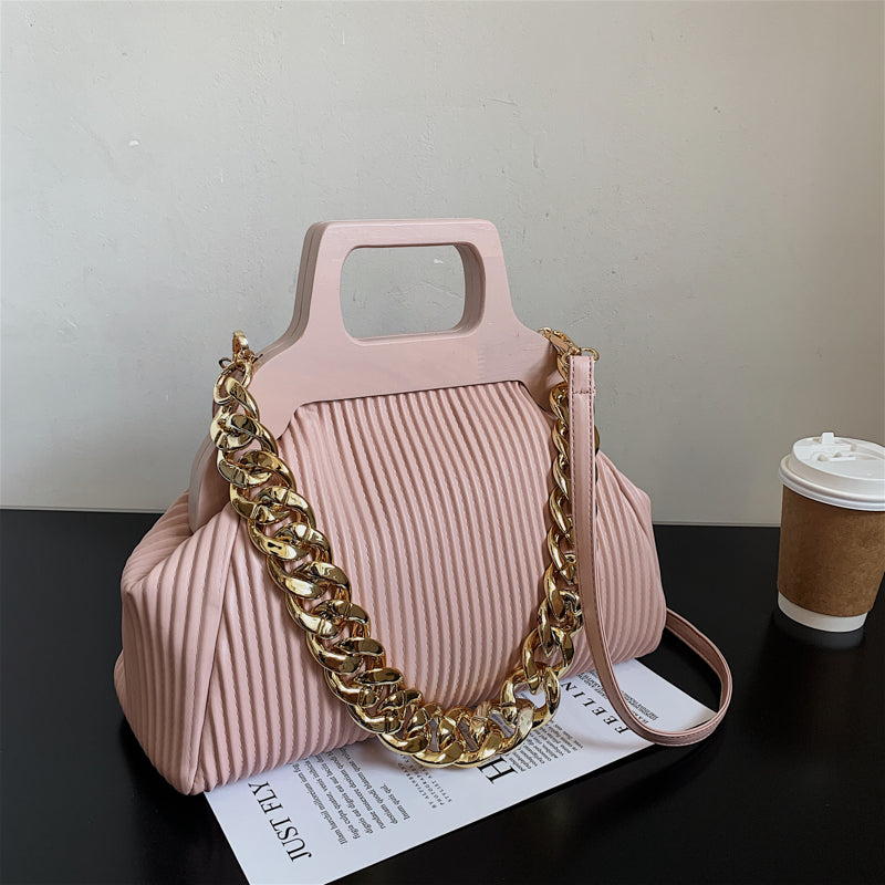 Thick Chain Small PU Leather Shoulder Crossbody Bags With Short Wooden Handle For Women 2022 Winter Luxury Simple Lady Handbags