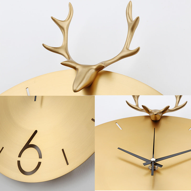 European Style Clock Pure Copper Round Deer Head Creative Wall Clock