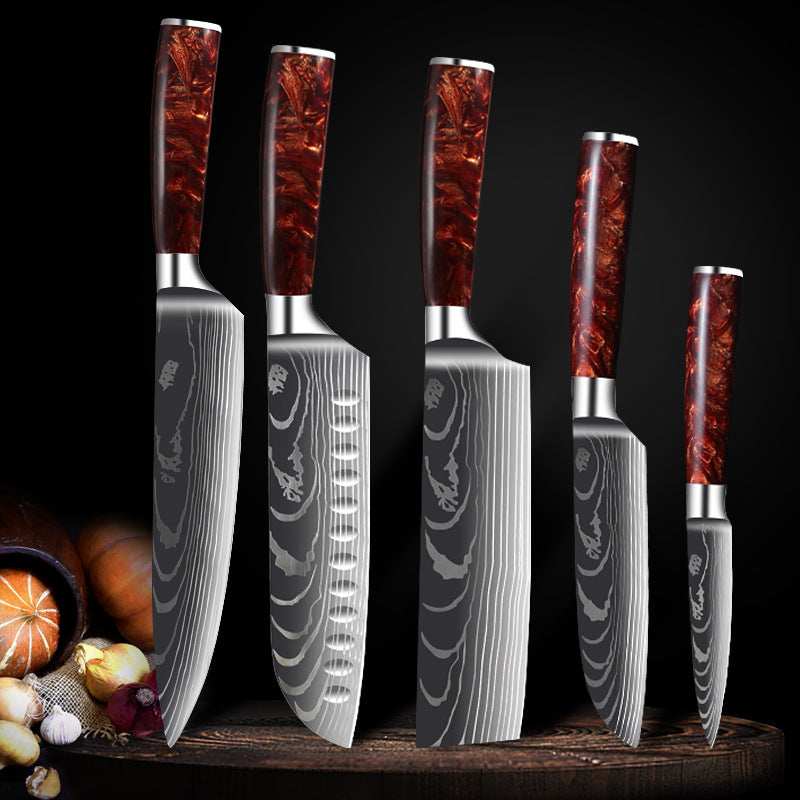 Red Resin Handle Damascus Laser Pattern Set Kitchen Knife