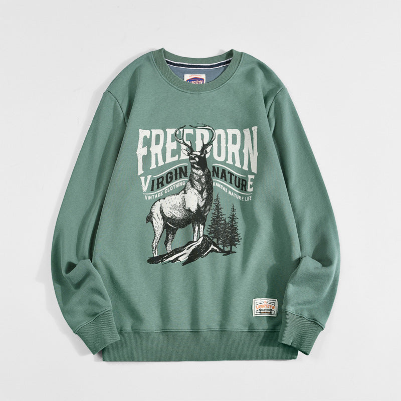 Vintage Print Loose Crew Neck Cotton Terry Sweatshirt