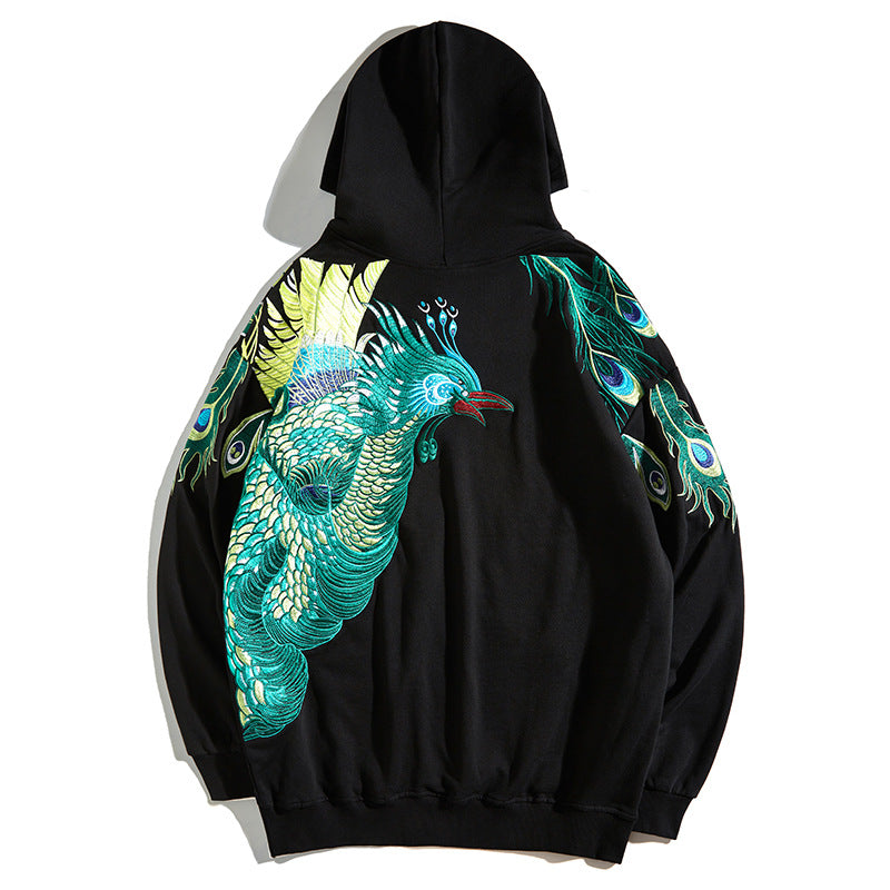 Men's Peacock Embroidered Hooded Sweater Jacket