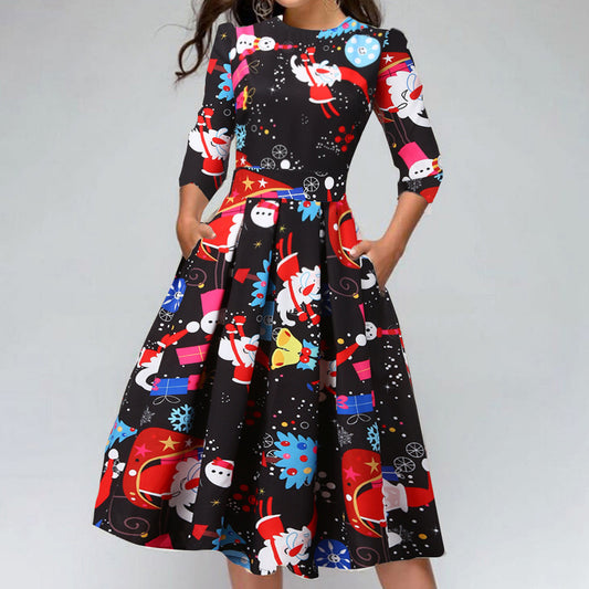 Christmas Print Slim Round Neck Dress