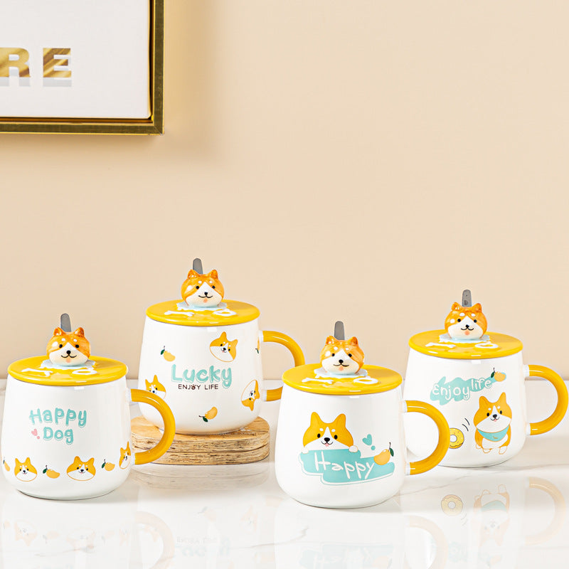 Cute Cartoon Ceramic Breakfast Cup With Lid Spoon