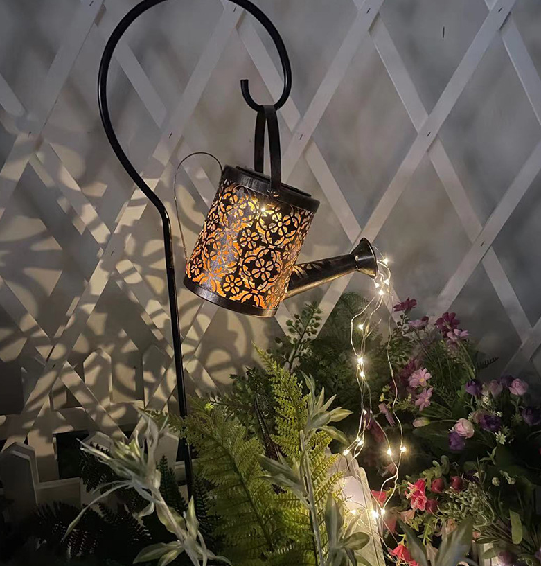 Outdoor Solar Watering Can Ornament Lamp Garden Art Light Decoration Hollow-out Iron Shower LED Lights