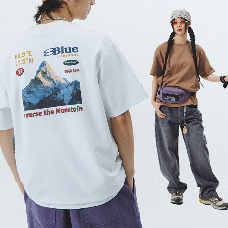 Snow Mountain Print Retro Couple T-Shirt Loose