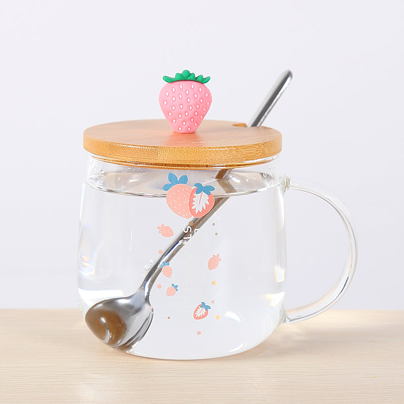 Transparent Fruit Tea Flat Bottom Glass Cup With Lid Simple