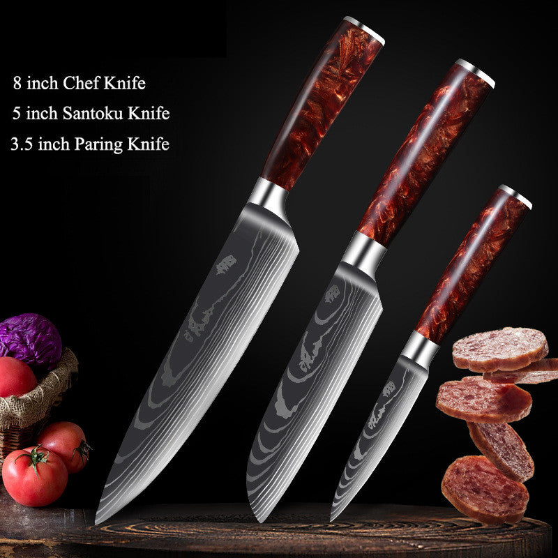 Red Resin Handle Damascus Laser Pattern Set Kitchen Knife