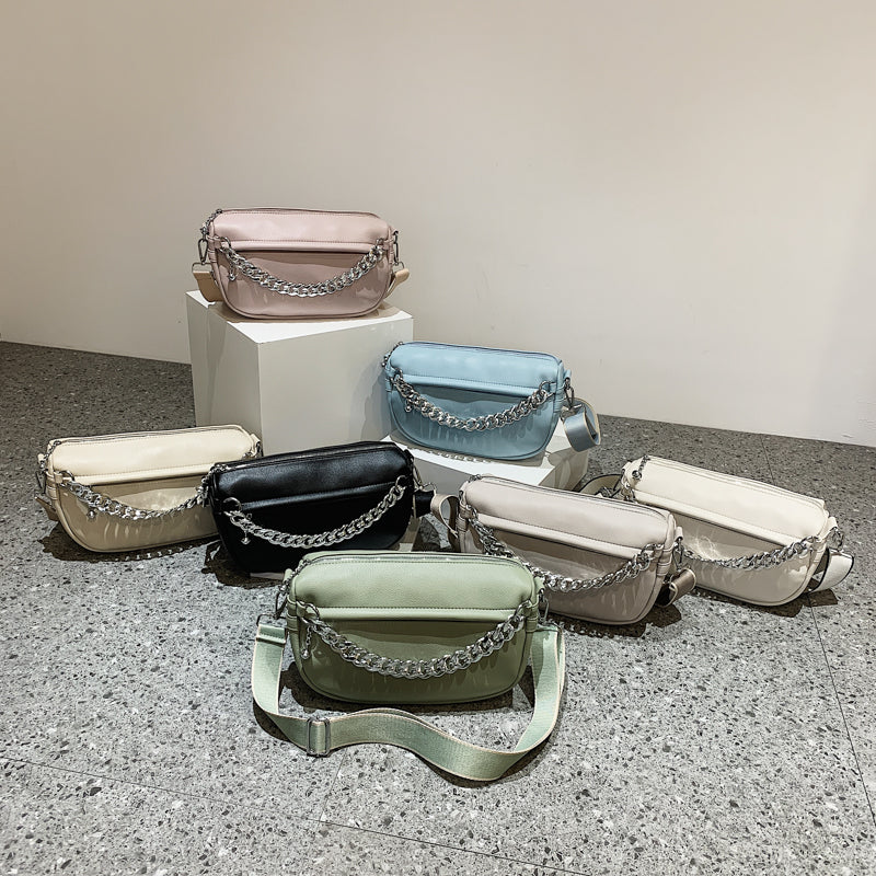 Solid Color Thick Chain Small PU Leather Crossbody Bags For Women 2022 Trend Fashion Shoulder Bag Wide Shoulder Belt Handbags