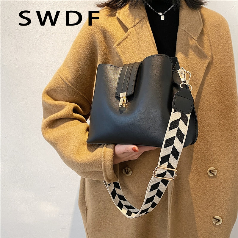 SWDF Vintage Simple Small PU Leather Bucket Crossbody Bags For Women 2022 Designer Fashion Lady Luxury Black Shoulder Handbags