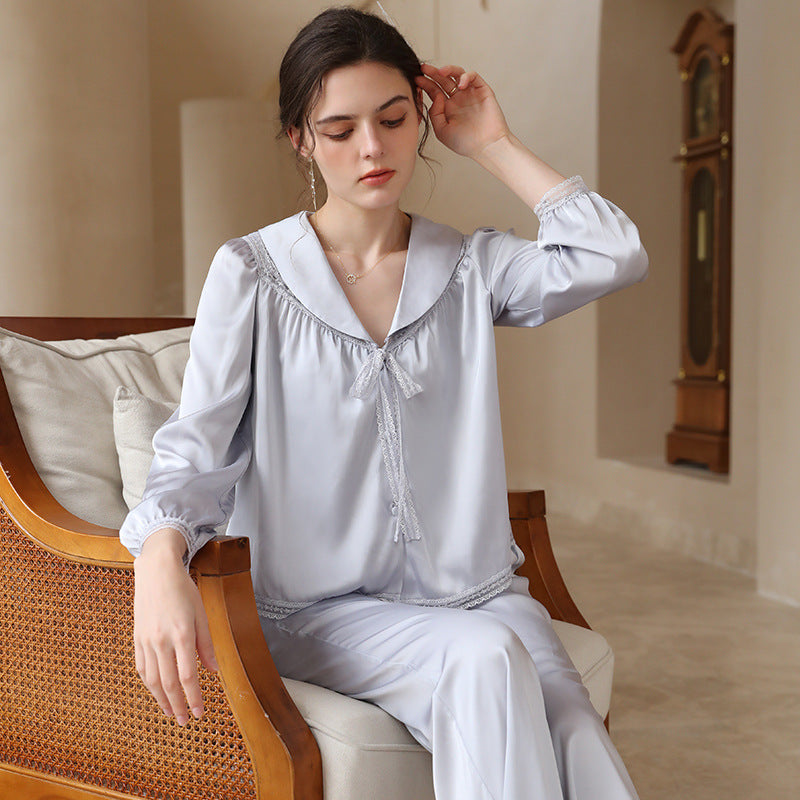 French Lapel Shirt Style Spring Ice Silk Long-sleeved Pajamas Two-piece Loose And Simple Outerwear Household Clothes